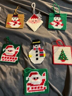 Handmade Holiday Plastic Canvas Ornaments - Snowman Santa tree 7pc set